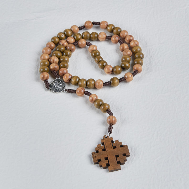 St. Benedict Medal & Jerusalem of 10 mm Round Brown Wood Nylon Cord Rosary - image 7