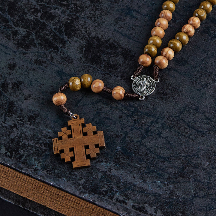 St. Benedict Medal & Jerusalem of 10 mm Round Brown Wood Nylon Cord Rosary - image 6
