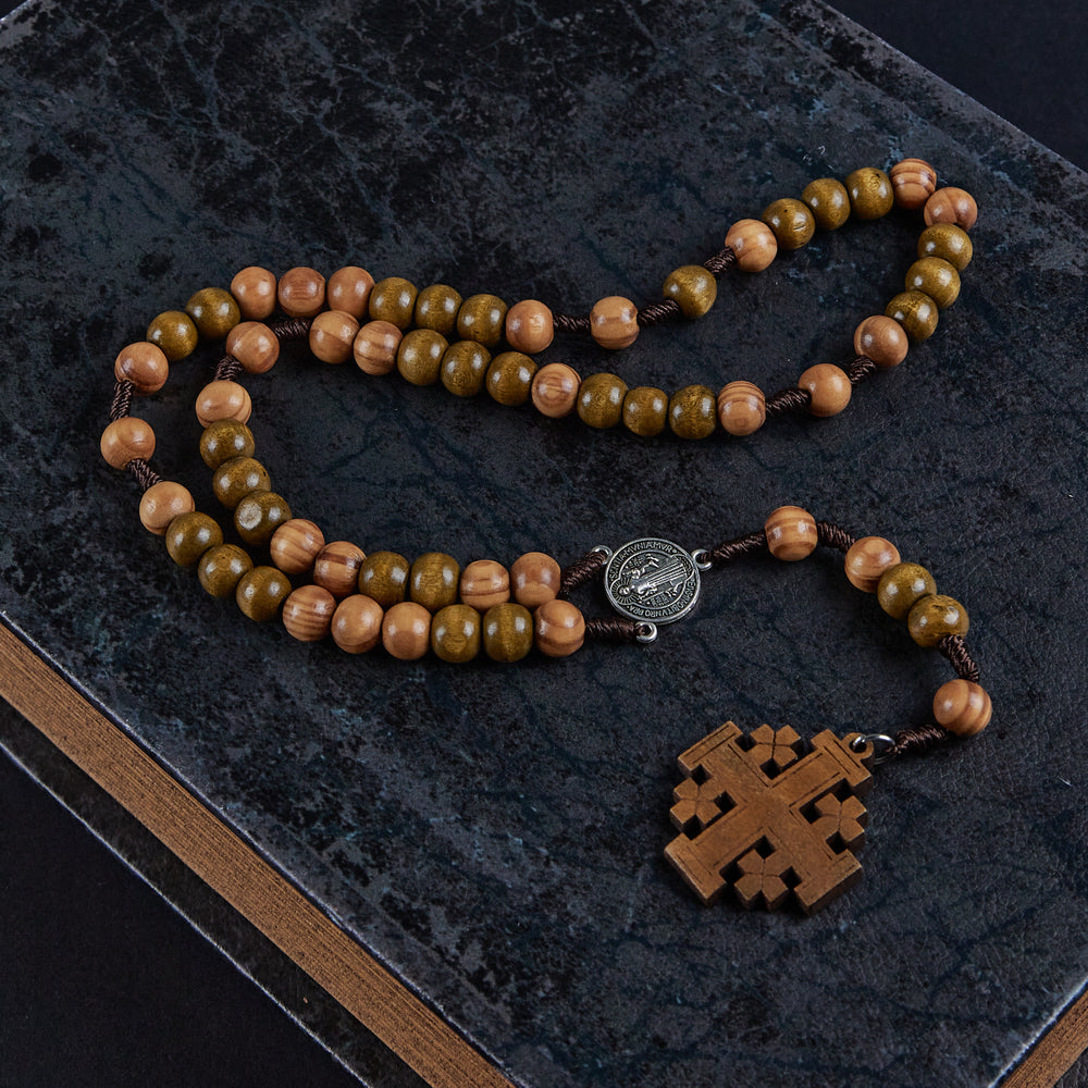 St. Benedict Medal & Jerusalem of 10 mm Round Brown Wood Nylon Cord Rosary - image 2