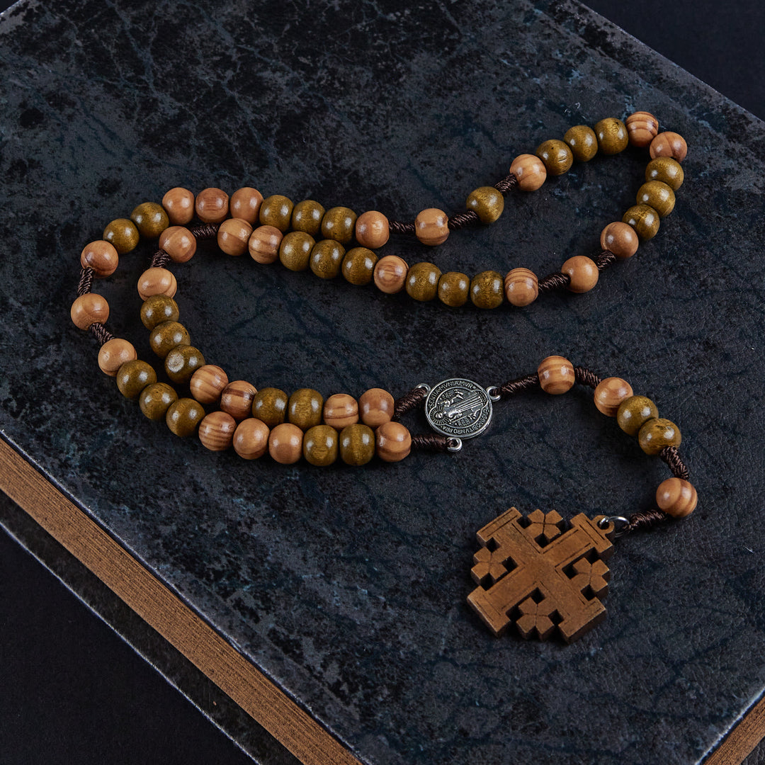 St. Benedict Medal & Jerusalem of 10 mm Round Brown Wood Nylon Cord Rosary - image 2