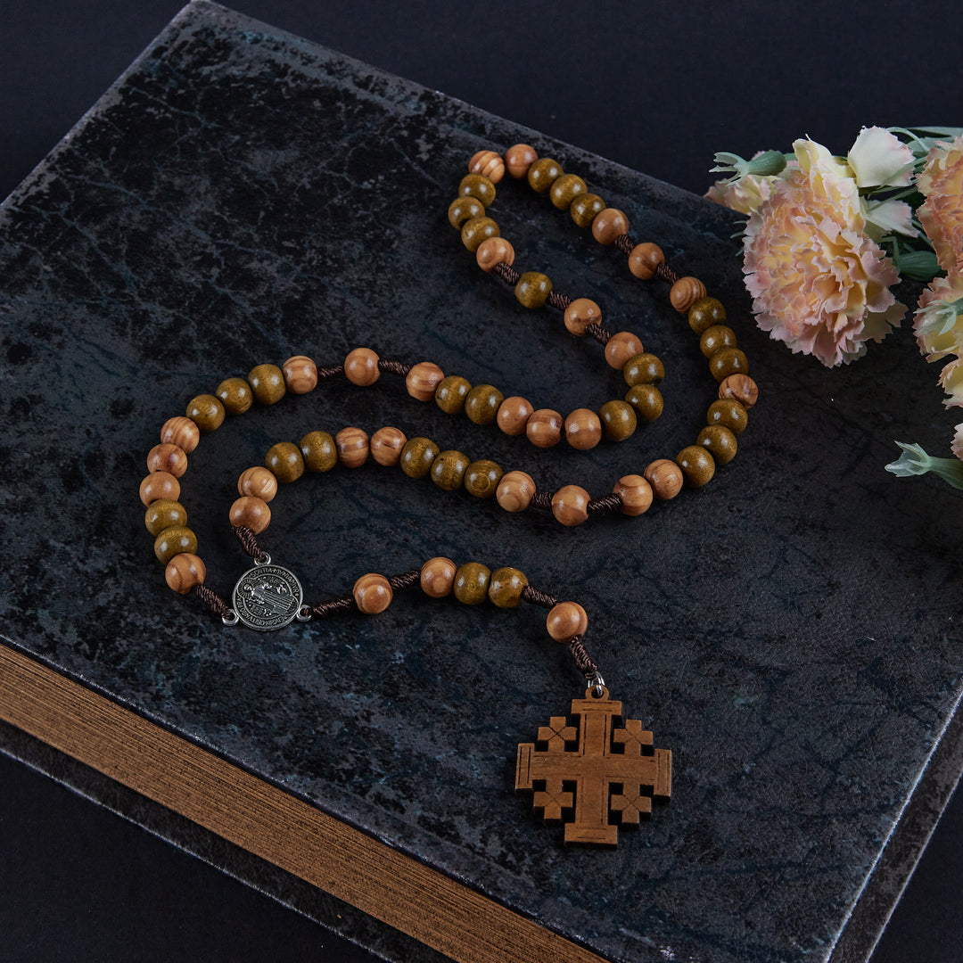 St. Benedict Medal & Jerusalem of 10 mm Round Brown Wood Nylon Cord Rosary - Brown - image 1