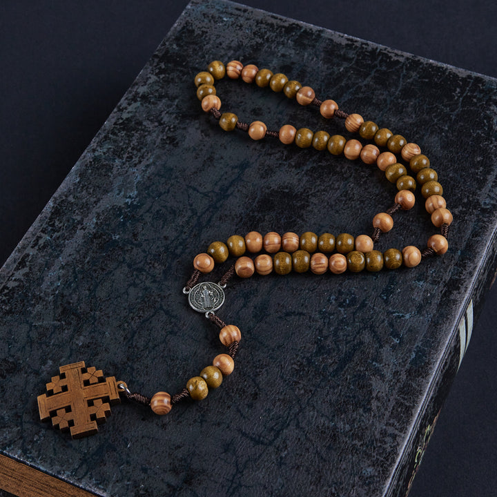 St. Benedict Medal & Jerusalem of 10 mm Round Brown Wood Nylon Cord Rosary - image 4