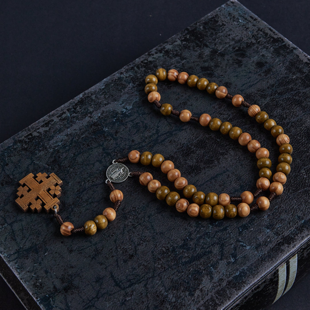 St. Benedict Medal & Jerusalem of 10 mm Round Brown Wood Nylon Cord Rosary - image 3