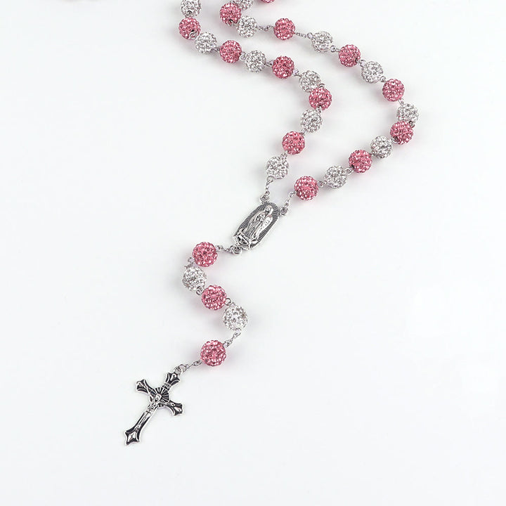 Our Lady of Guadalupe & Crucifix of 10 mm Round Pink White Polymer Clay Alloy Chain Rosary