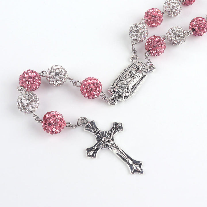 Our Lady of Guadalupe & Crucifix of 10 mm Round Pink White Polymer Clay Alloy Chain Rosary