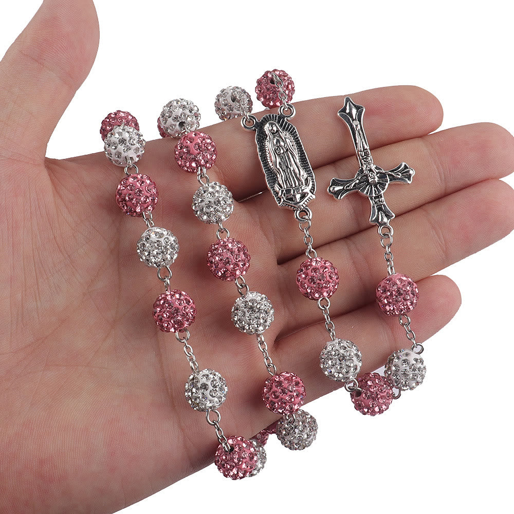 Our Lady of Guadalupe & Crucifix of 10 mm Round Pink White Polymer Clay Alloy Chain Rosary