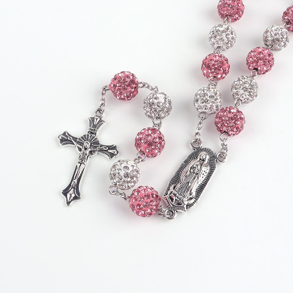 Our Lady of Guadalupe & Crucifix of 10 mm Round Pink White Polymer Clay Alloy Chain Rosary