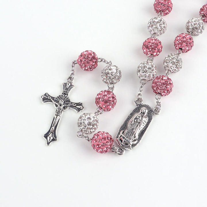 Our Lady of Guadalupe & Crucifix of 10 mm Round Pink White Polymer Clay Alloy Chain Rosary
