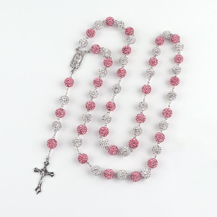 Our Lady of Guadalupe & Crucifix of 10 mm Round Pink White Polymer Clay Alloy Chain Rosary