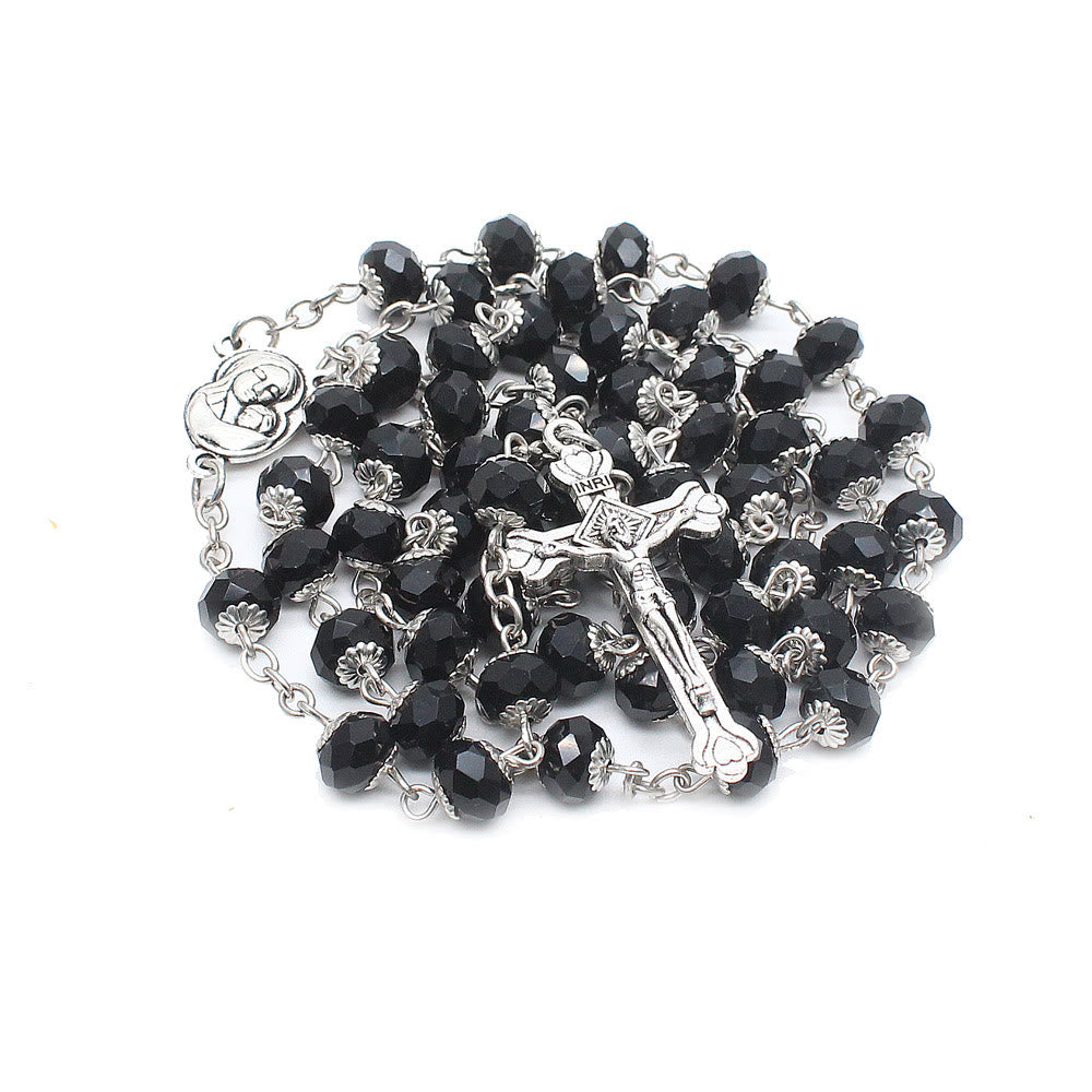Madonna and Child & Crucifix of 6*8 mm Polyhedron Multicolor Glass Alloy Chain Rosary - Black - image 0