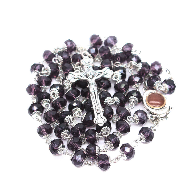 Madonna and Child & Crucifix of 6*8 mm Polyhedron Multicolor Glass Alloy Chain Rosary - Purple - image 5