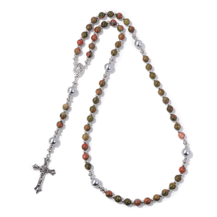 Christianartworkshop Natural Stone & Pearl Miraculous Medal Prayer Rosary - Flower Green - image 14