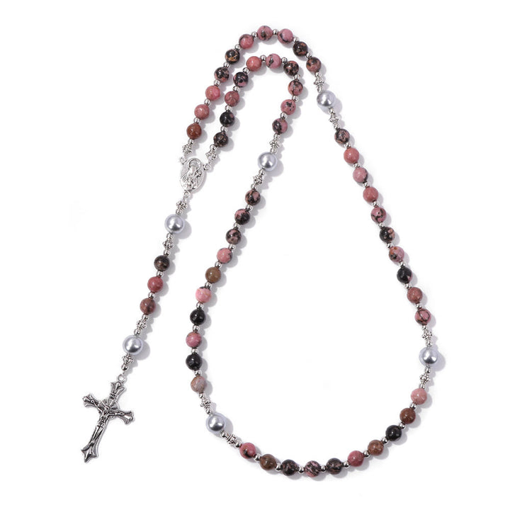 Christianartworkshop Natural Stone & Pearl Our Lady Medal Prayer Rosary - Black Pink Pattern - image 12