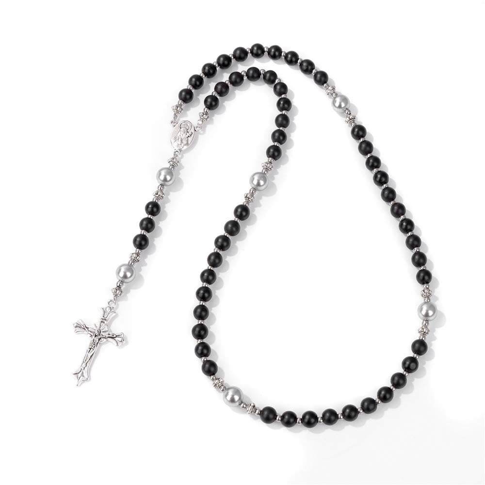 Christianartworkshop Natural Stone & Pearl Miraculous Medal Prayer Rosary - Black - image 21
