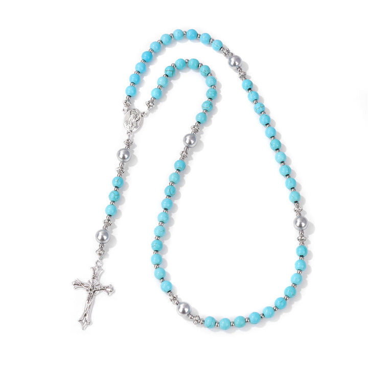 Christianartworkshop Natural Stone & Pearl Our Lady Medal Prayer Rosary - Blue Turquoise - image 11