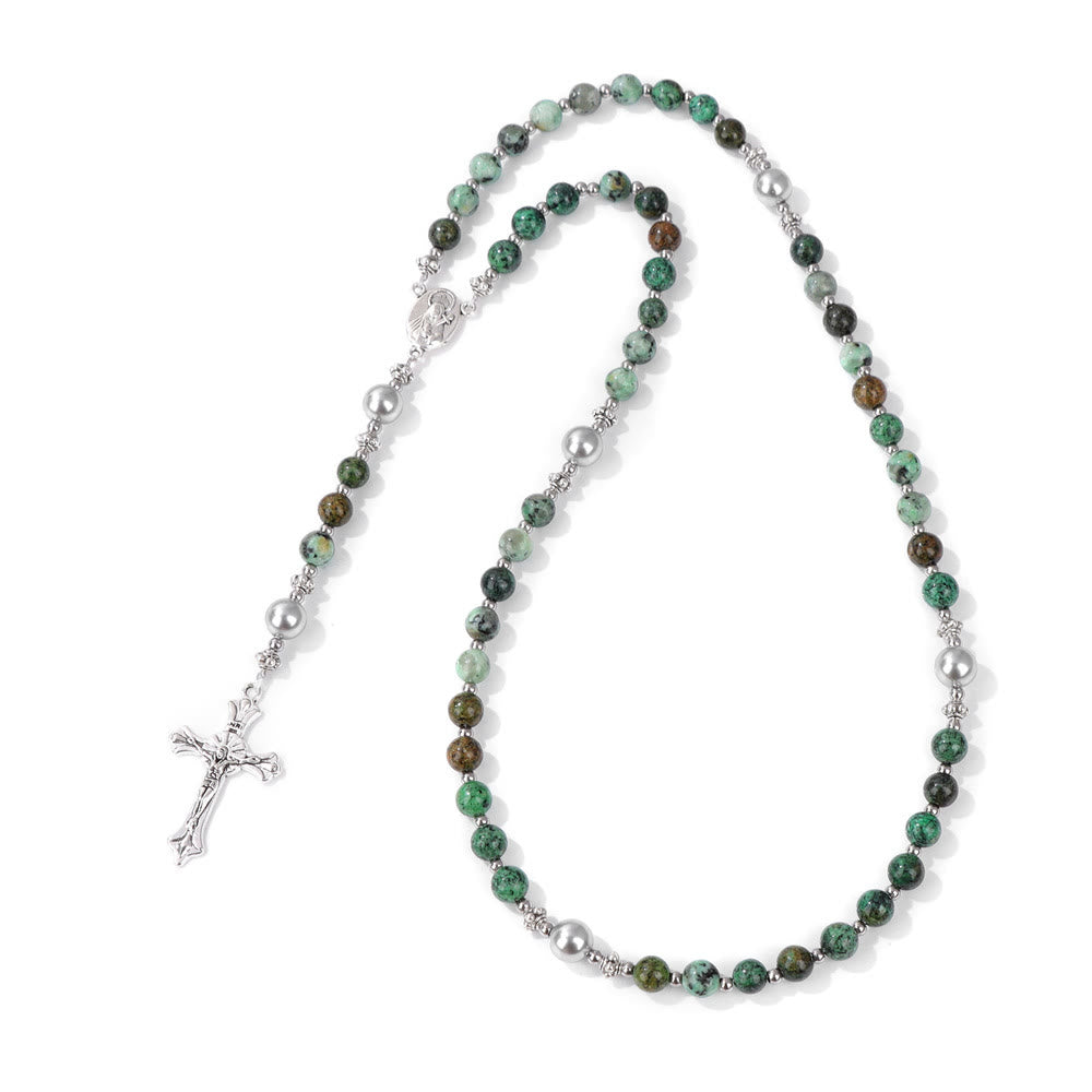 Christianartworkshop Natural Stone & Pearl Our Lady Medal Prayer Rosary - African Pine - image 9