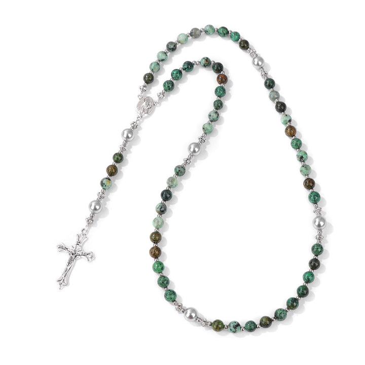 Christianartworkshop Natural Stone & Pearl Our Lady Medal Prayer Rosary - African Pine - image 9