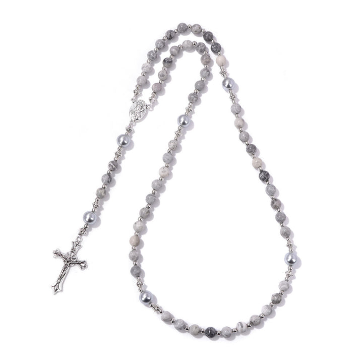 Christianartworkshop Natural Stone & Pearl Our Lady Medal Prayer Rosary - Map Stone - image 17