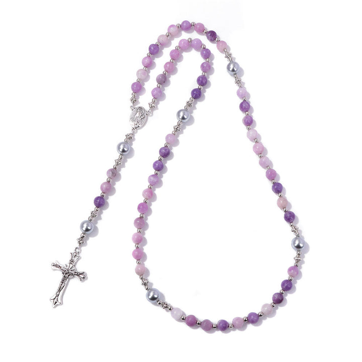 Christianartworkshop Natural Stone & Pearl Miraculous Medal Prayer Rosary - Purple Mica - image 9