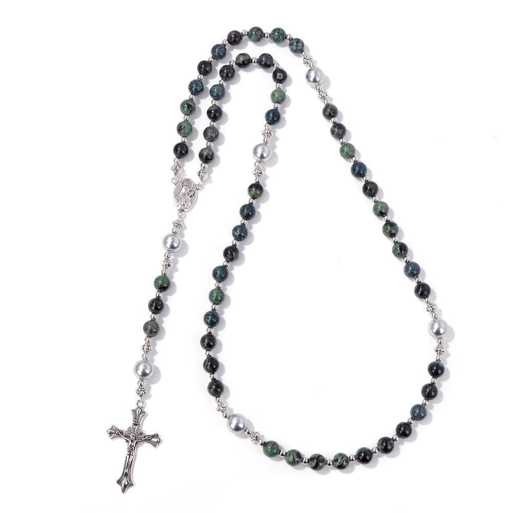 Christianartworkshop Natural Stone & Pearl Miraculous Medal Prayer Rosary - Sparrow Feather - image 11