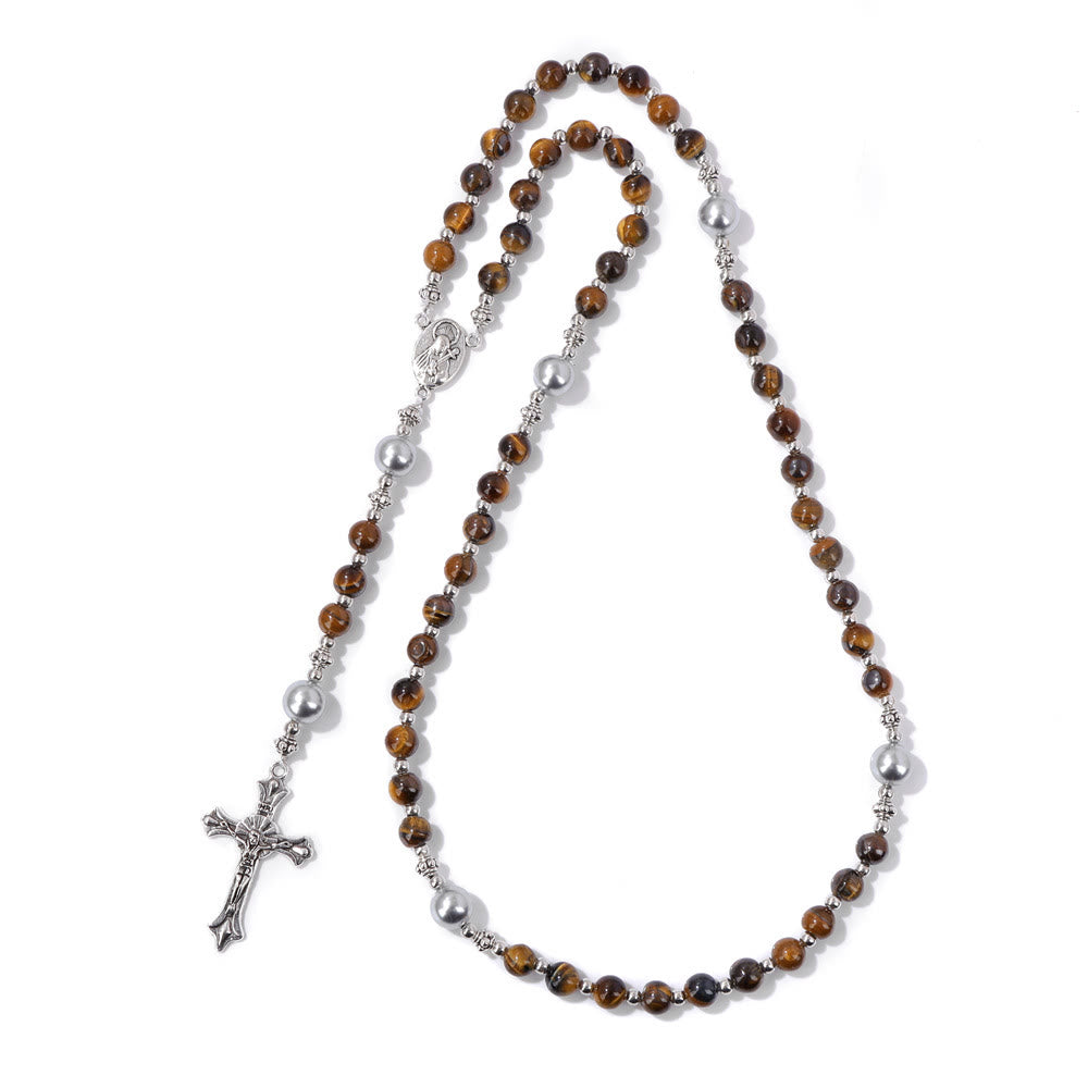 Christianartworkshop Natural Stone & Pearl Our Lady Medal Prayer Rosary - Yellow Tiger Eyes - image 15