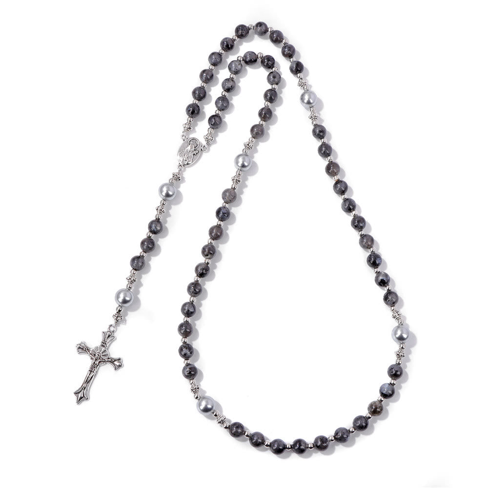 Christianartworkshop Natural Stone & Pearl Our Lady Medal Prayer Rosary - Smoke - image 16
