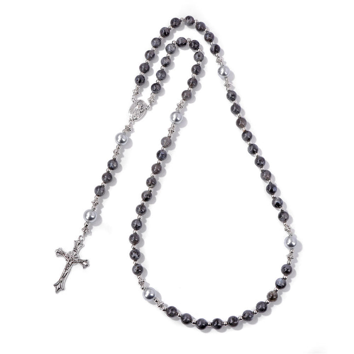 Christianartworkshop Natural Stone & Pearl Our Lady Medal Prayer Rosary - Smoke - image 16
