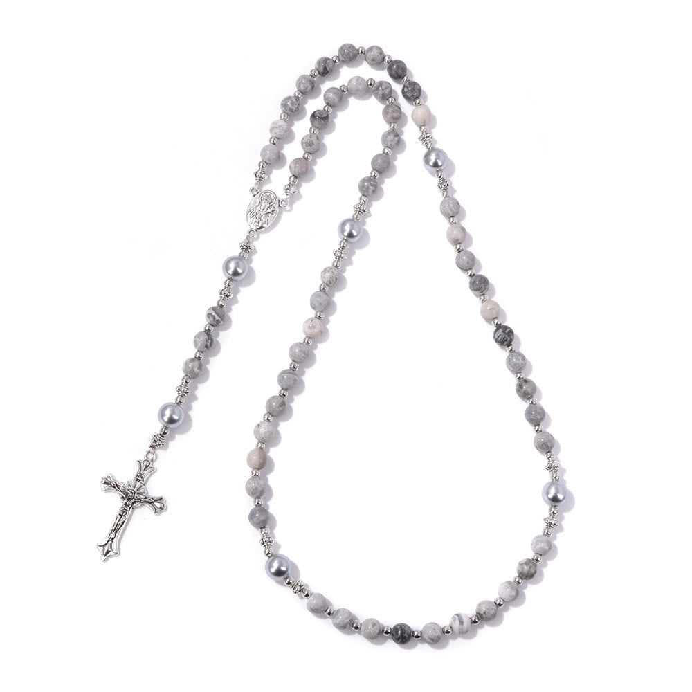 Christianartworkshop Natural Stone & Pearl Miraculous Medal Prayer Rosary - Map Stone - image 18