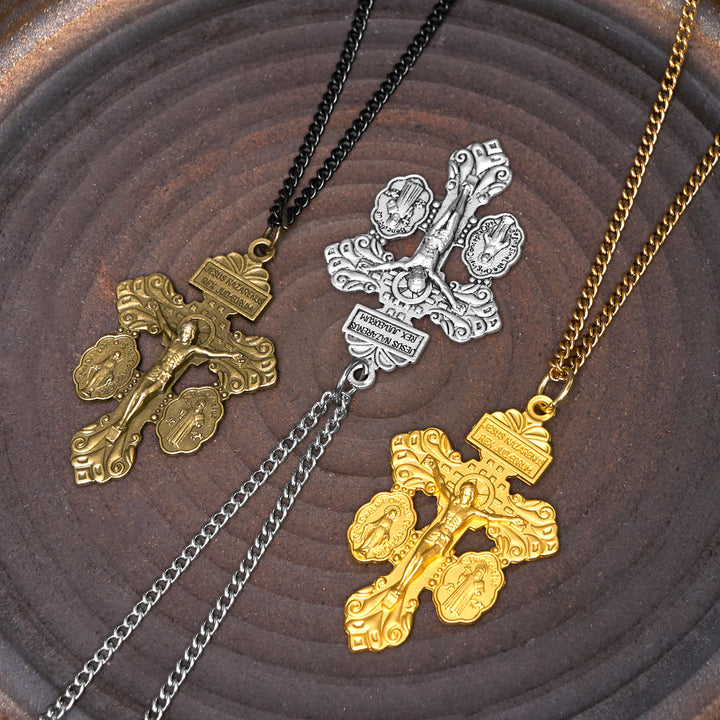 Classic Style 3 Colors Pardon Crucifix Double Sided Engraved Pendant Necklace
