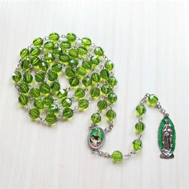 Saint Jude Thaddeus & Our Lady of Guadalupe of 8 mm Polyhedron Green Crystal Alloy Chain Rosary