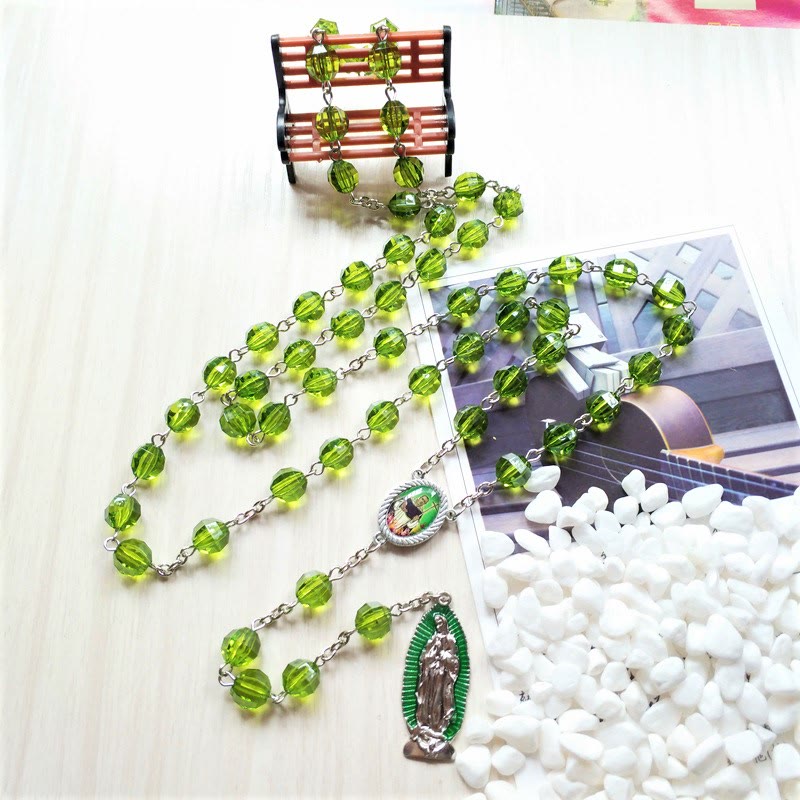 Saint Jude Thaddeus & Our Lady of Guadalupe of 8 mm Polyhedron Green Crystal Alloy Chain Rosary - image 3