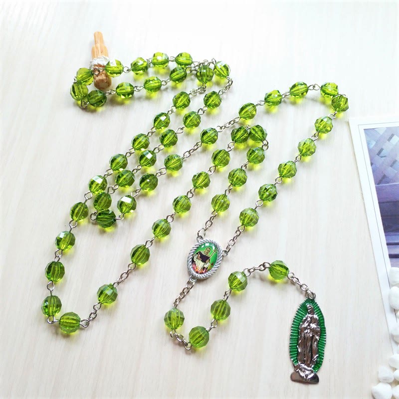 Saint Jude Thaddeus & Our Lady of Guadalupe of 8 mm Polyhedron Green Crystal Alloy Chain Rosary - image 2