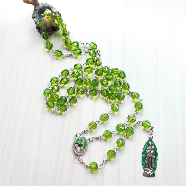 Saint Jude Thaddeus & Our Lady of Guadalupe of 8 mm Polyhedron Green Crystal Alloy Chain Rosary - image 4