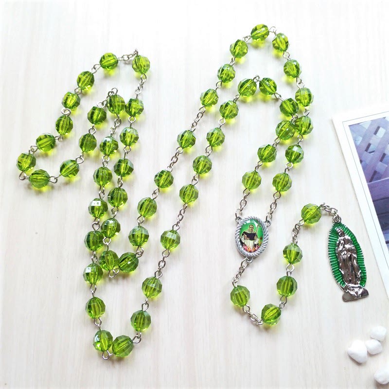 Saint Jude Thaddeus & Our Lady of Guadalupe of 8 mm Polyhedron Green Crystal Alloy Chain Rosary - image 1