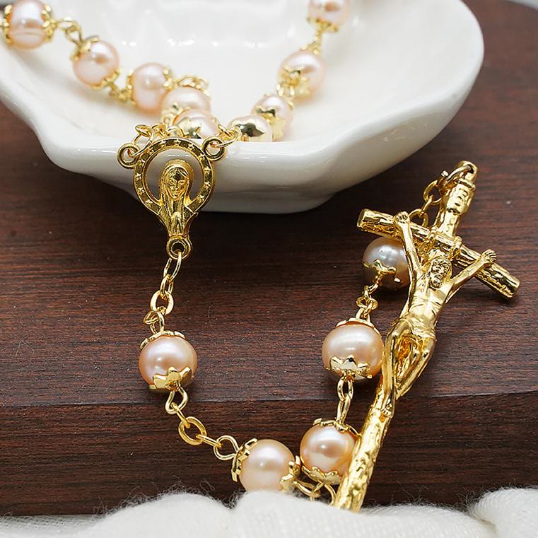 Virgin Mary & Crucifix of 7*8 mm Round Champagne Pearl Alloy Chain Rosary - image 1