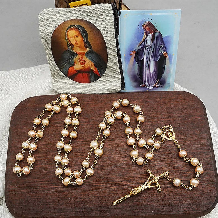 Virgin Mary & Crucifix of 7*8 mm Round Champagne Pearl Alloy Chain Rosary - Champagne - image 0