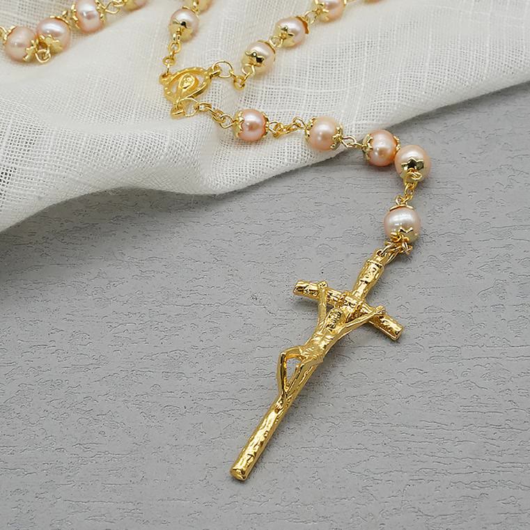 Virgin Mary & Crucifix of 7*8 mm Round Champagne Pearl Alloy Chain Rosary - image 4
