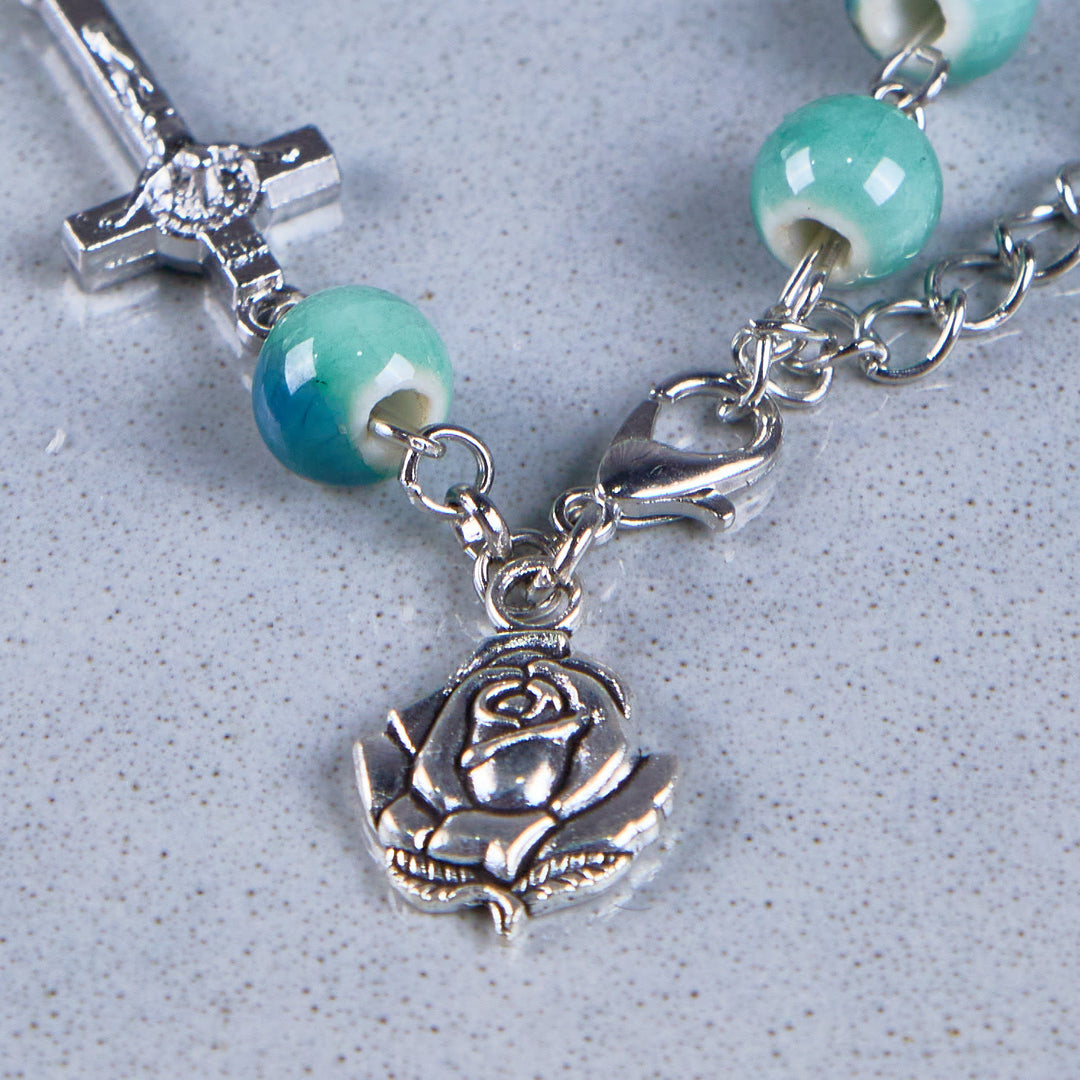 Christianartworkshop Joyful Blossom Green Tone Ceramics Beads Rose & Crucifix Bracelet - image 5