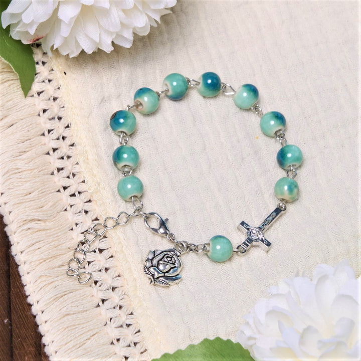 Christianartworkshop Joyful Blossom Green Tone Ceramics Beads Rose & Crucifix Bracelet - image 1