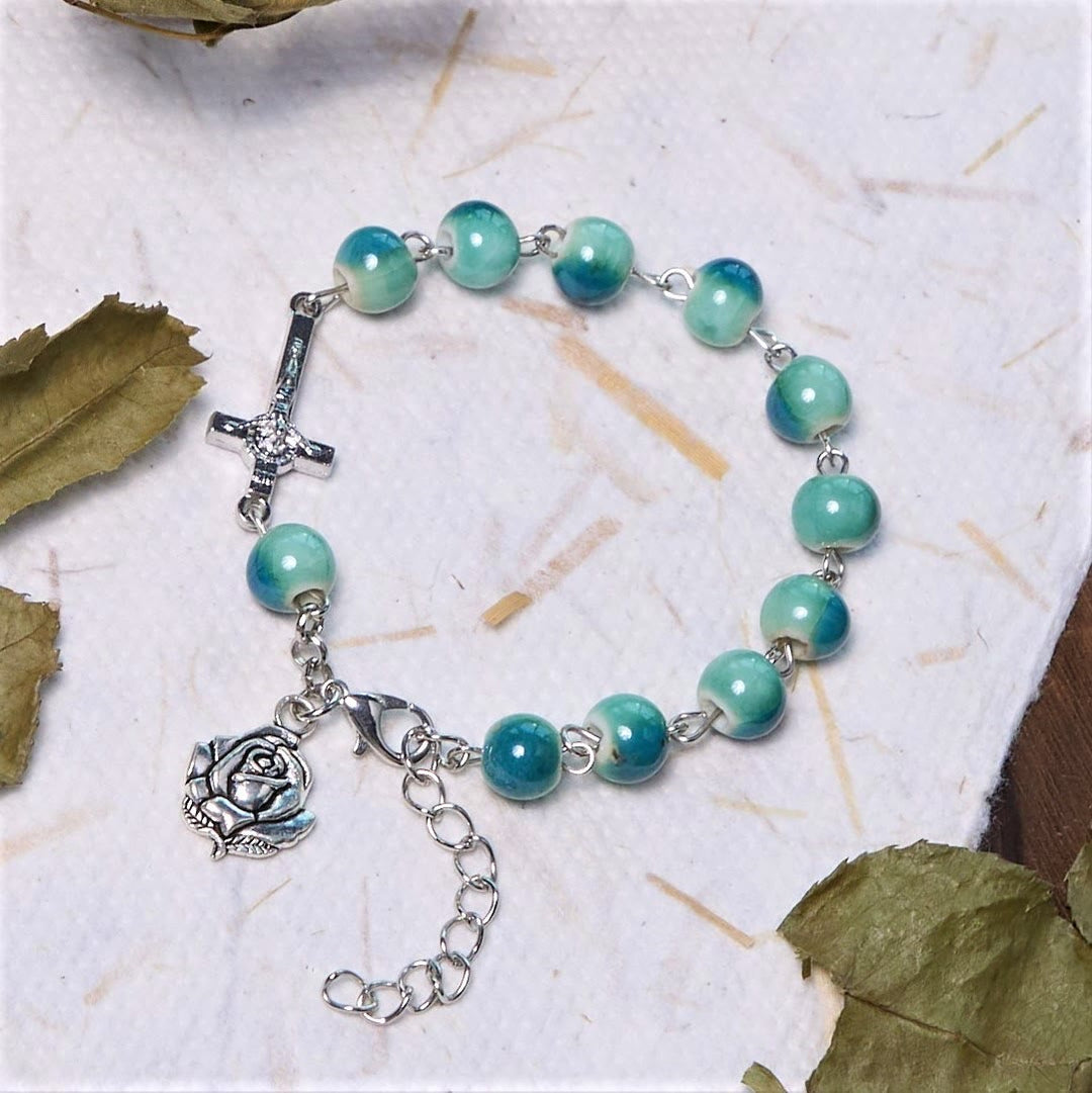 Christianartworkshop Joyful Blossom Green Tone Ceramics Beads Rose & Crucifix Bracelet - Rose & Crucifix - image 0