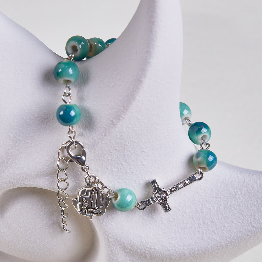 Christianartworkshop Joyful Blossom Green Tone Ceramics Beads Rose & Crucifix Bracelet - image 4