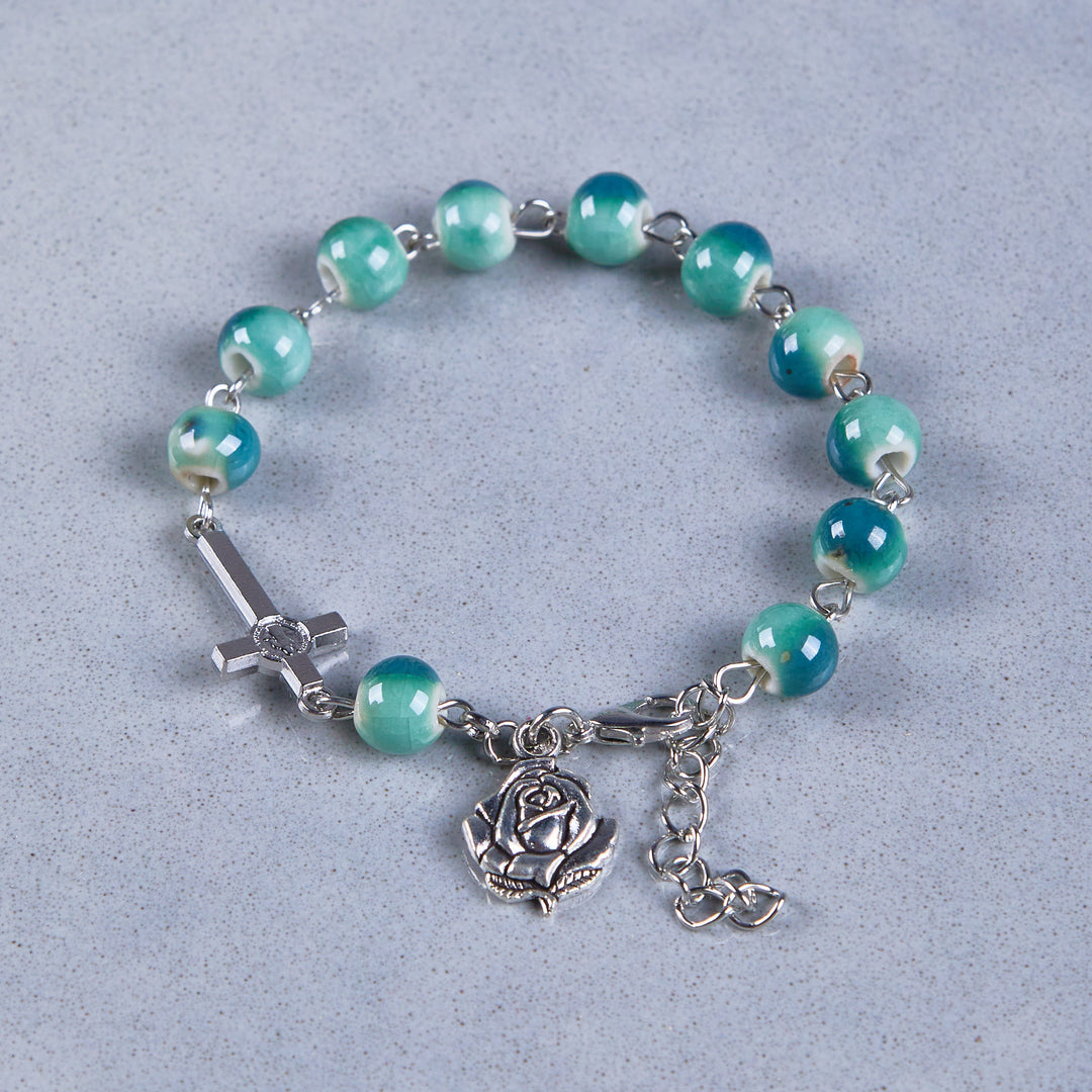 Christianartworkshop Joyful Blossom Green Tone Ceramics Beads Rose & Crucifix Bracelet - image 3