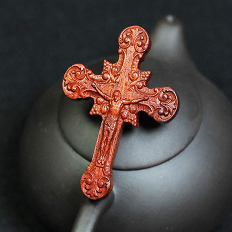 Classic Style Crucifix Sacred Protection Scrollwork Rosewood Pendant Necklace - image 1