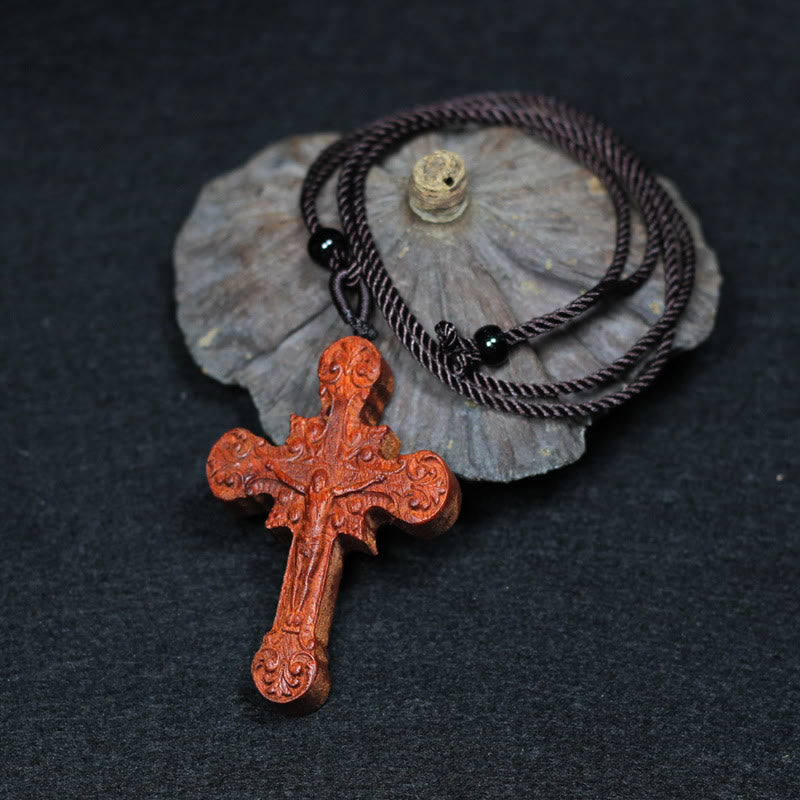 Classic Style Crucifix Sacred Protection Scrollwork Rosewood Pendant Necklace - Crucifix - image 0