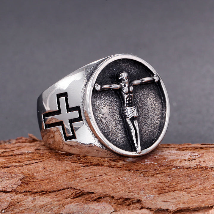 Christianartworkshop Classic Retro Style Jesus Cross Crucifix Symbol Blessed Faith Ring - image 1
