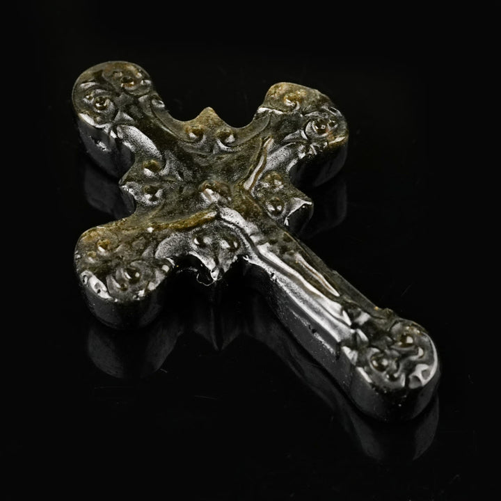 Christianartworkshop Natural Stone Tiger Eye Labradorite Obsidian Lapis Lazuli Scrollwork Crucifix Adornments - Obsidian - image 2