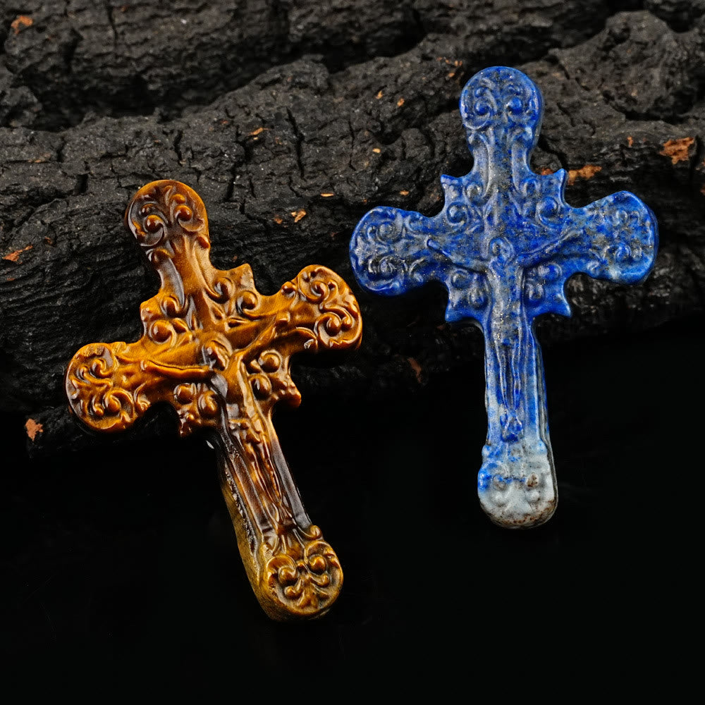 Christianartworkshop Natural Stone Tiger Eye Labradorite Obsidian Lapis Lazuli Scrollwork Crucifix Adornments - image 4