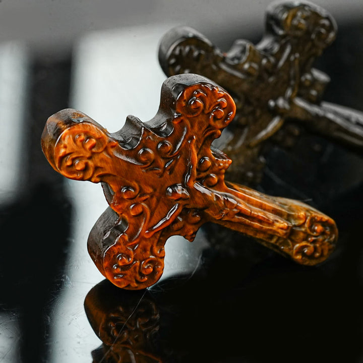 Christianartworkshop Natural Stone Tiger Eye Labradorite Obsidian Lapis Lazuli Scrollwork Crucifix Adornments - Tiger Eye - image 0