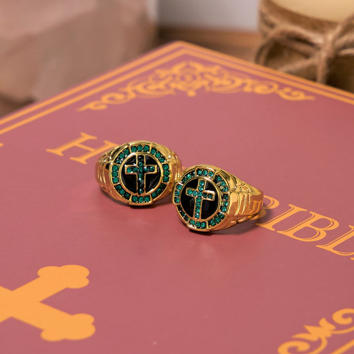Christianartworkshop Retro Style Green Gemstones Cross Golden Alloy Ring - image 0
