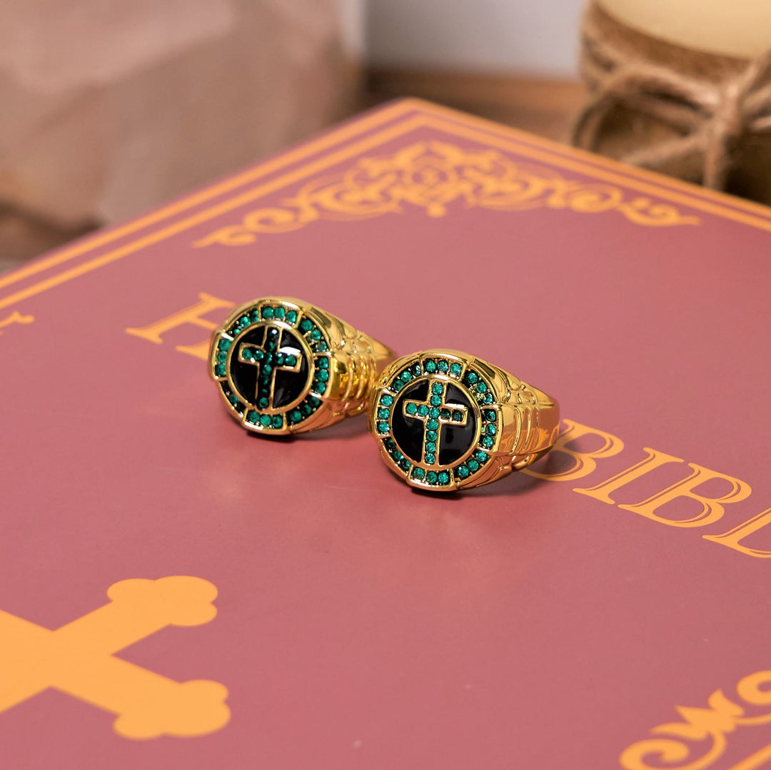 Christianartworkshop Retro Style Green Gemstones Cross Golden Alloy Ring - image 1